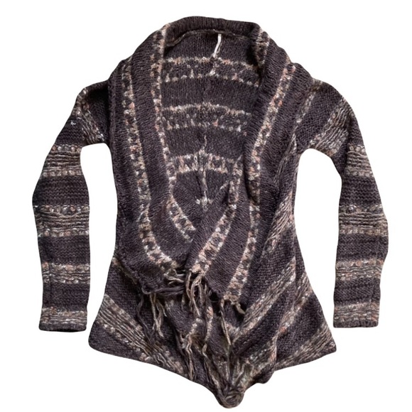 Free People Brown & Tan Beige Chunky Striped Waterfall Fringe Knit Cardigan S - Picture 1 of 11
